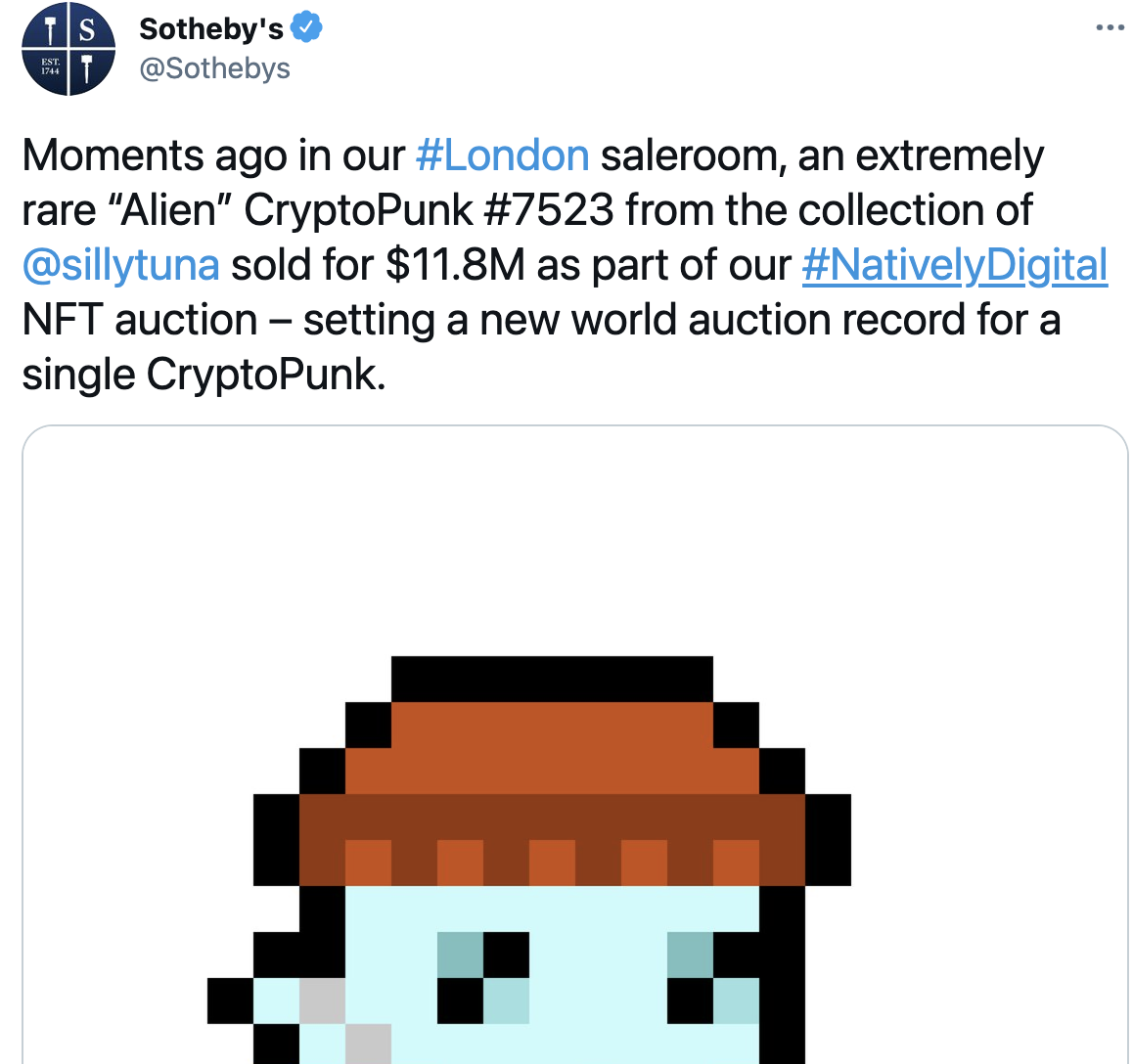 第7523号cryptopunk在苏富比拍卖行以1180万美元成交