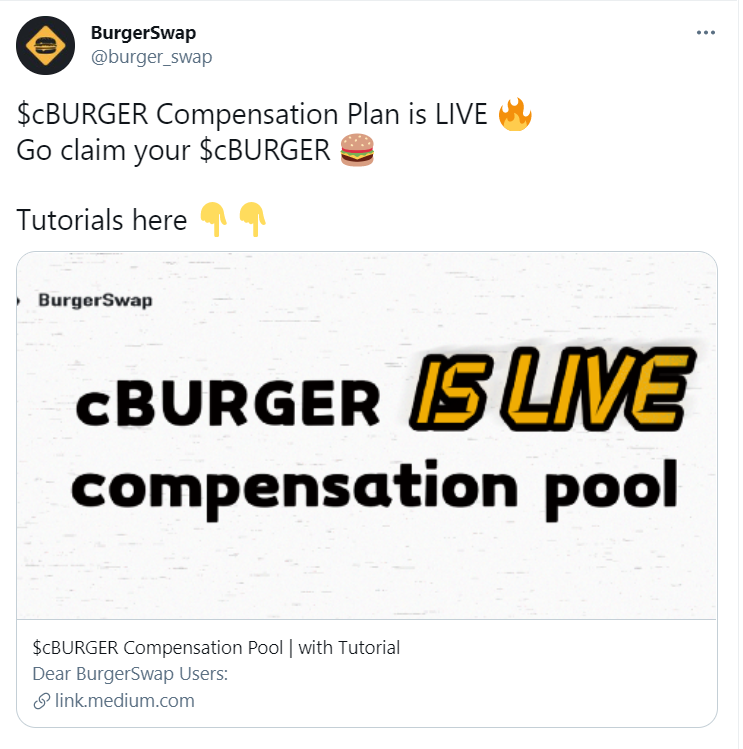 burgerswap开放cburger补偿池,受闪电贷攻击影响的用户可申领cburger
