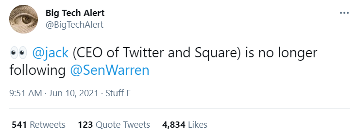 推特CEO取关呼吁监管加密货币的美国参议院议员Elizabeth Warren