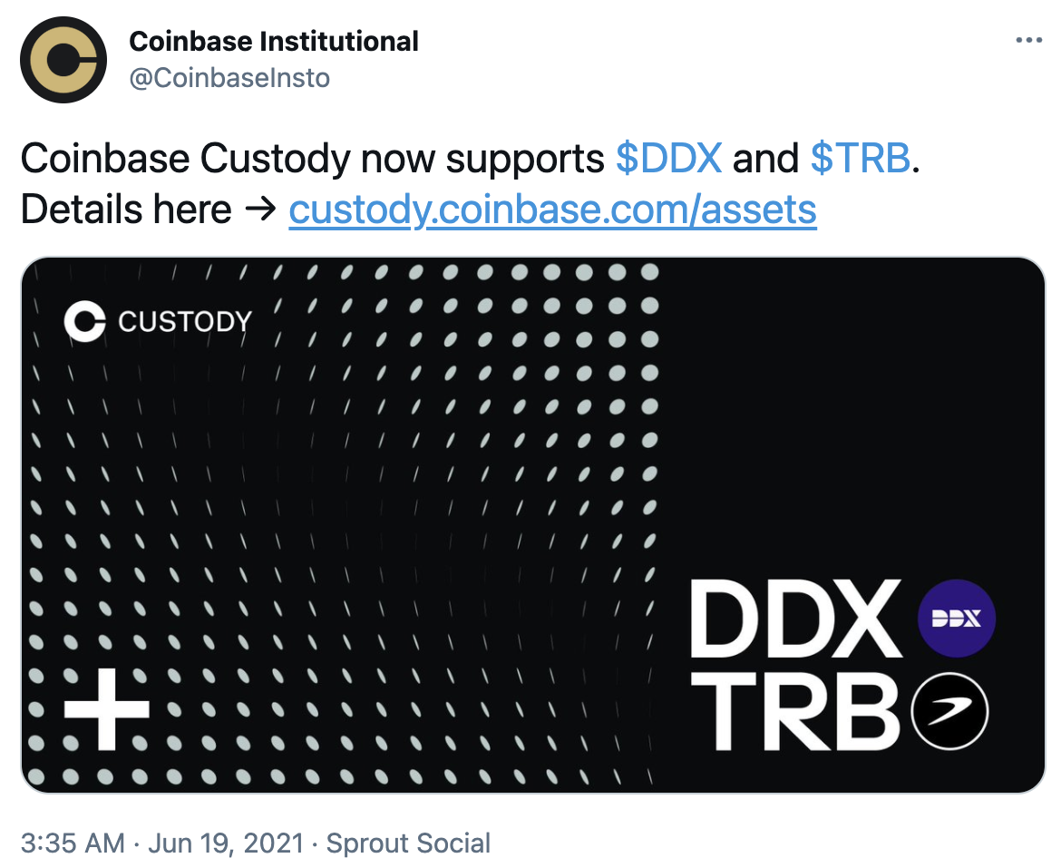 Coinbase Custody现已支持DDX和TRB