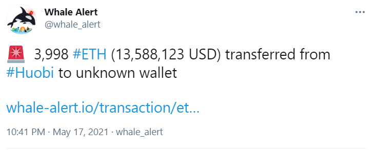 3998枚ETH从火币转入未知钱包