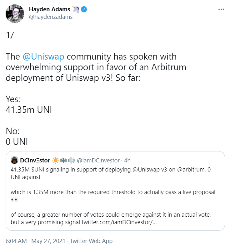 Uniswap创始人：Uniswap V3将部署到以太坊扩容方案Arbitrum