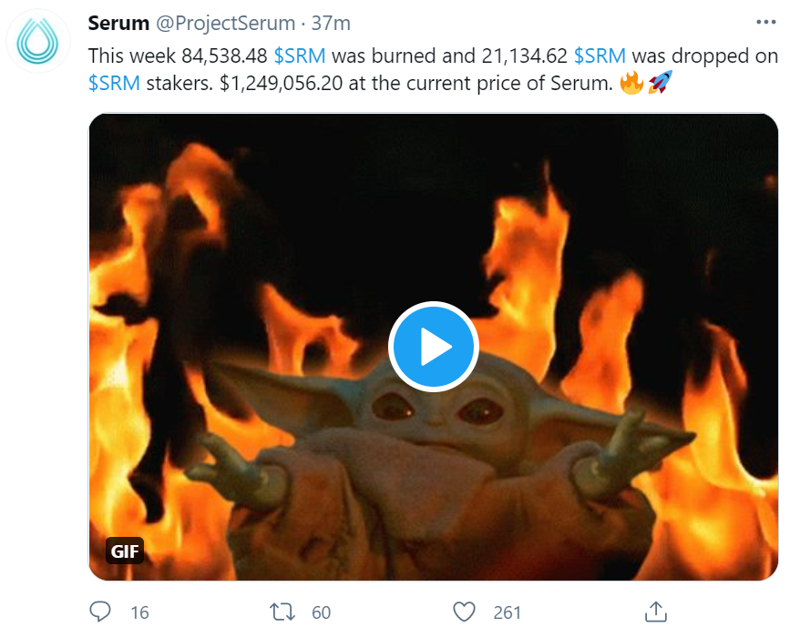 去中心化衍生品交易所Serum宣布上周共销毁84,538.48枚SRM