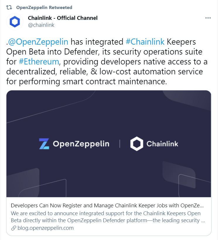OpenZeppelin已集成Chainlink Keepers公测版至Defender