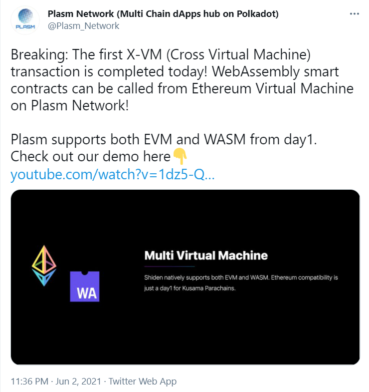 Plasm Network 完成首笔跨链虚拟机 X-VM 交易