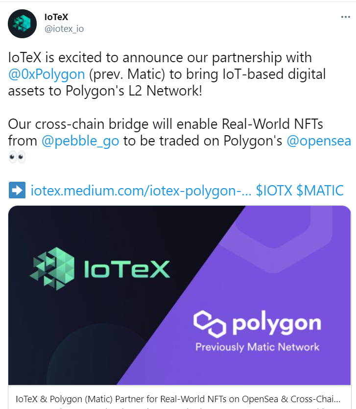 IoTeX宣布与Polygon合作，将基于物联网的数字资产引入Polygon L2网络