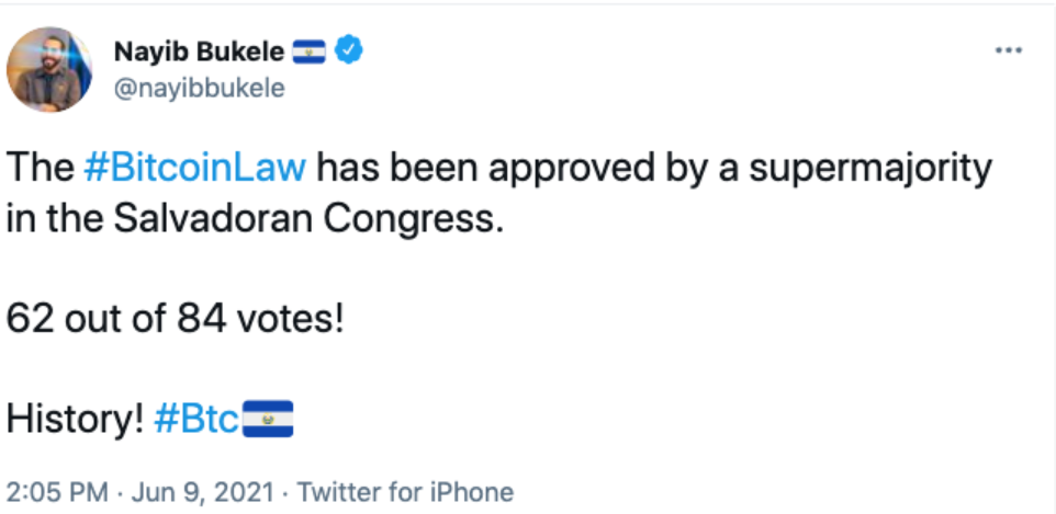 萨尔瓦多国会投票批准总统提交的比特币作为法定货币提案