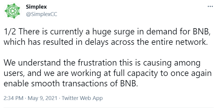 加密支付处理商Simplex：因BNB需求激增导致整个网络延迟