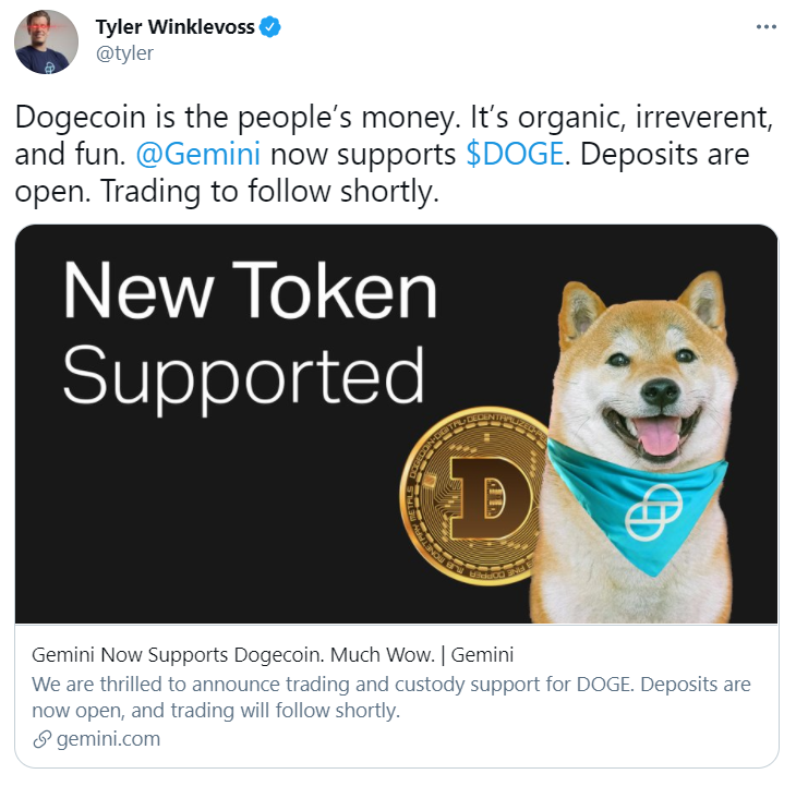 Gemini创始人Tyler Winklevoss：Dogecoin是人民的钱，Gemini现已在支持DOGE