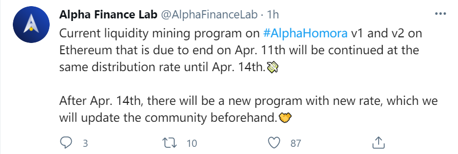 Alpha Finance：Alpha Homora v1和v2上流动性挖矿活动延长至4月14日