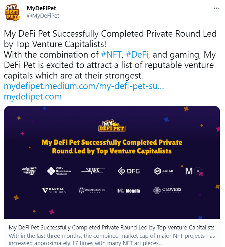 NFT游戏My DeFi Pet完成100万美元私募融资