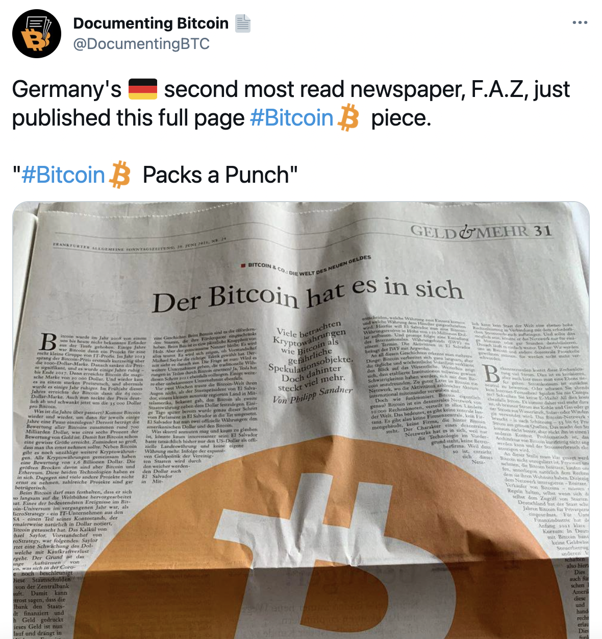 德国阅读量第二大报纸《F.A.Z》发布整版比特币相关文章
