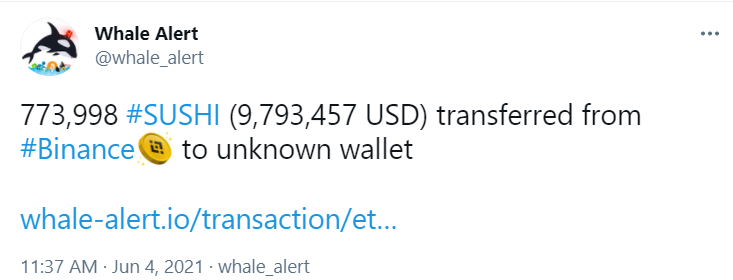 773,998枚SUSHI从币安转入未知钱包
