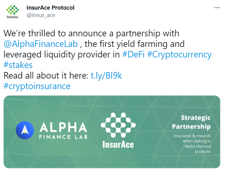 DeFi 保险协议 InsurAce 与杠杆挖矿协议 Alpha Homora 达成战略合作