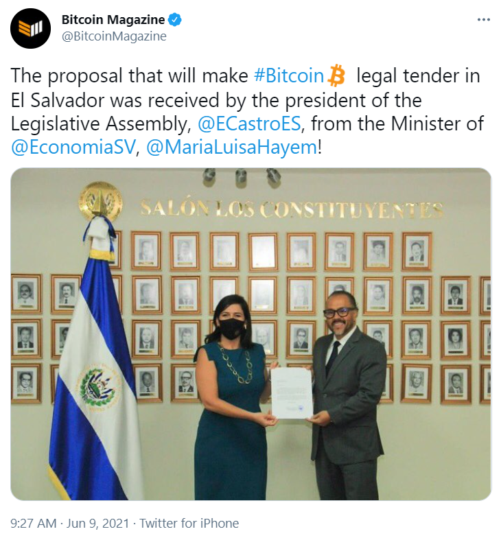 萨尔瓦多立法议会主席已收到总统提交的关于将比特币设为法定货币的提案