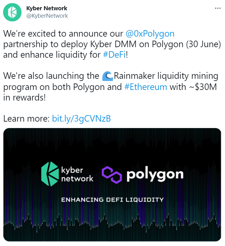 Kyber Network与Polygon达成合作，将于6月30日把Kyber DMM部署于Polygon网络