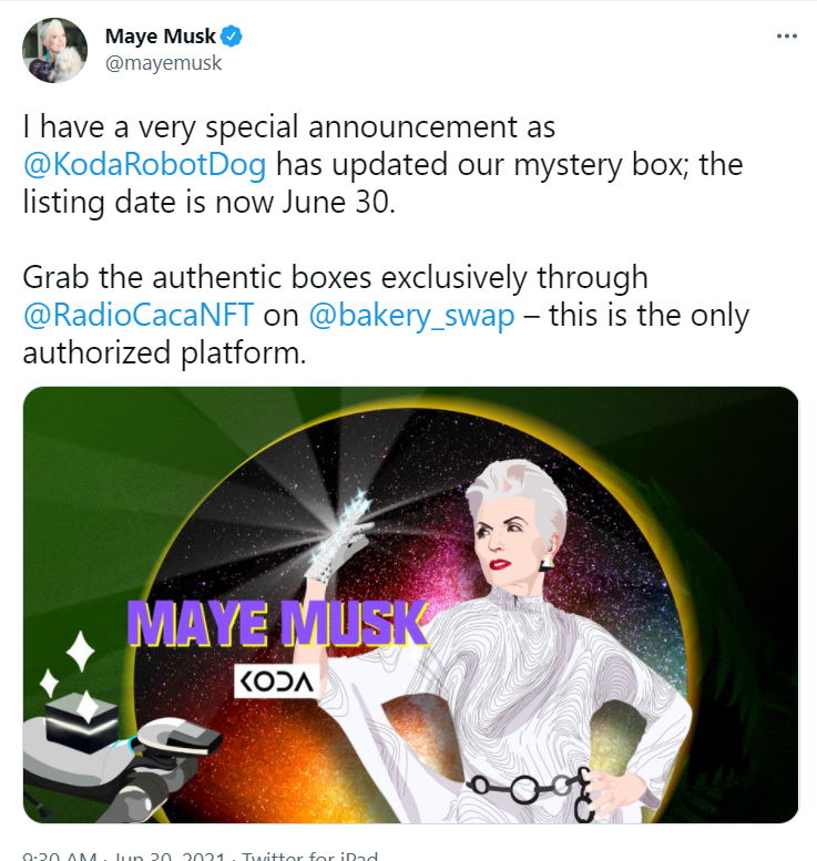马斯克母亲Maye Musk宣布其神秘盲盒上线日期推迟至当地时间6月30日