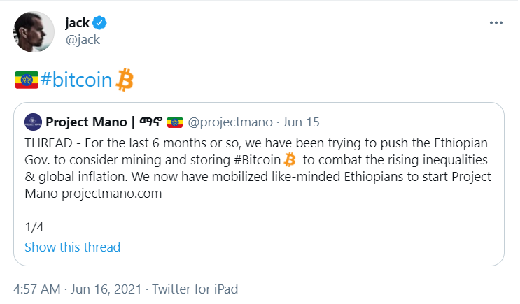 埃塞俄比亚团体Project Mano游说政府持有比特币，获Jack Dorsey支持