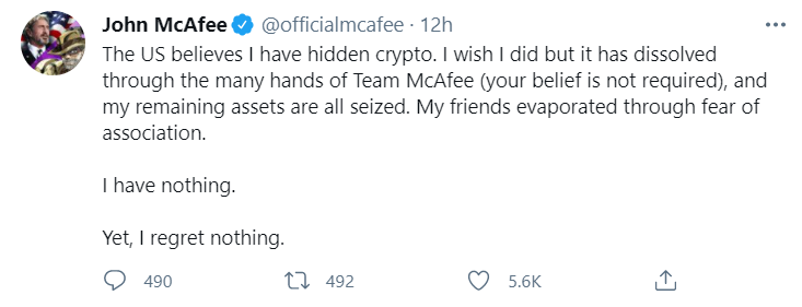 杀毒软件之父John McAfee：已失去全部加密货币资产