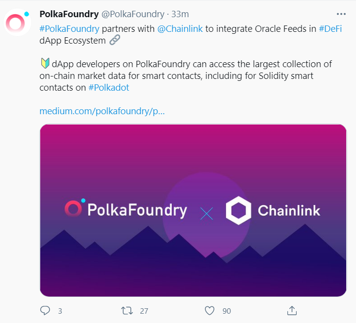 PolkaFoundry与ChainLink达成合作，将为PolkaFoundry上dApp集成预言机喂价