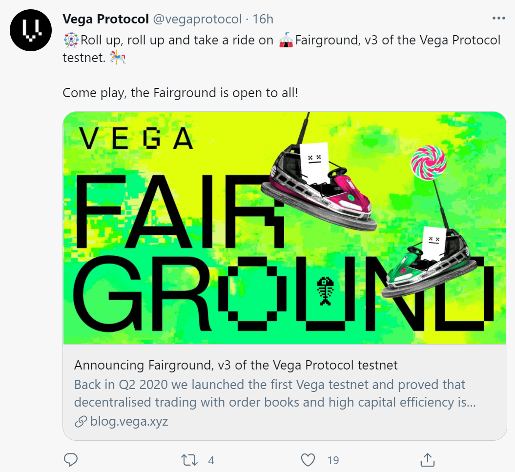 去中心化衍生品交易协议 Vega 推出 V3 测试网 Fairground