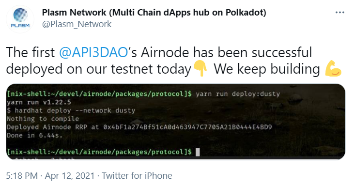 Plasm Network测试网已成功部署API3 Airnode