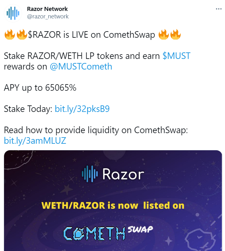 去中心化预言机协议 Razor Network 上线 ComethSwap，质押 LP 代币可获得 MUST 代币奖励
