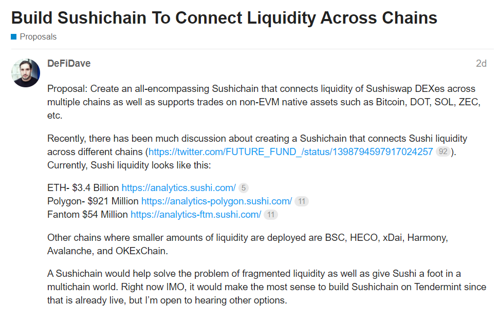 社区提议SushiSwap开发Sushichain，以促进与其他链之间的资产兑换