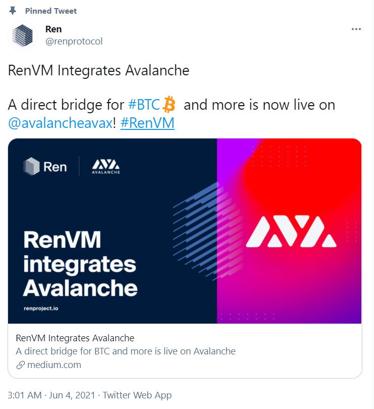 RenVM宣布集成Avalanche网络，现已支持将BTC等跨入Avalanche