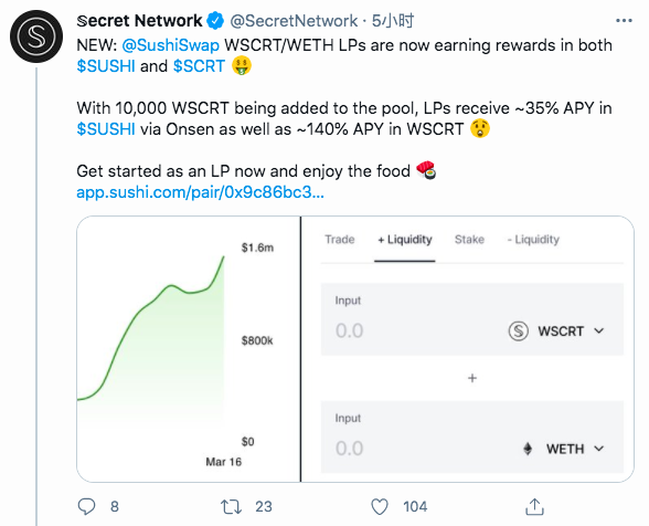 Secret Network已为SushiSwap WSCRT/WETH LP池添加1万枚WSCRT