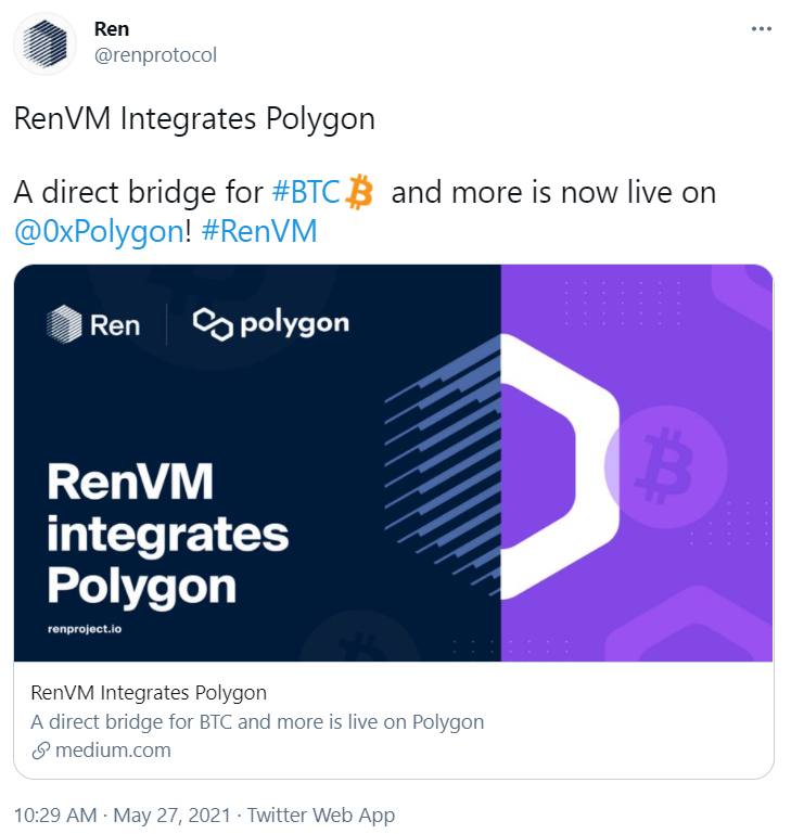 资产跨链协议Ren Protocol宣布RenVM将桥接至Polygon
