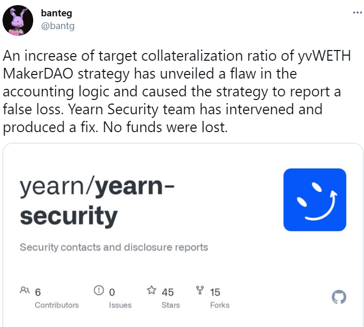 YFI核心开发者：yvWETH MakerDAO策略存在会计逻辑缺陷，安全团队已修复