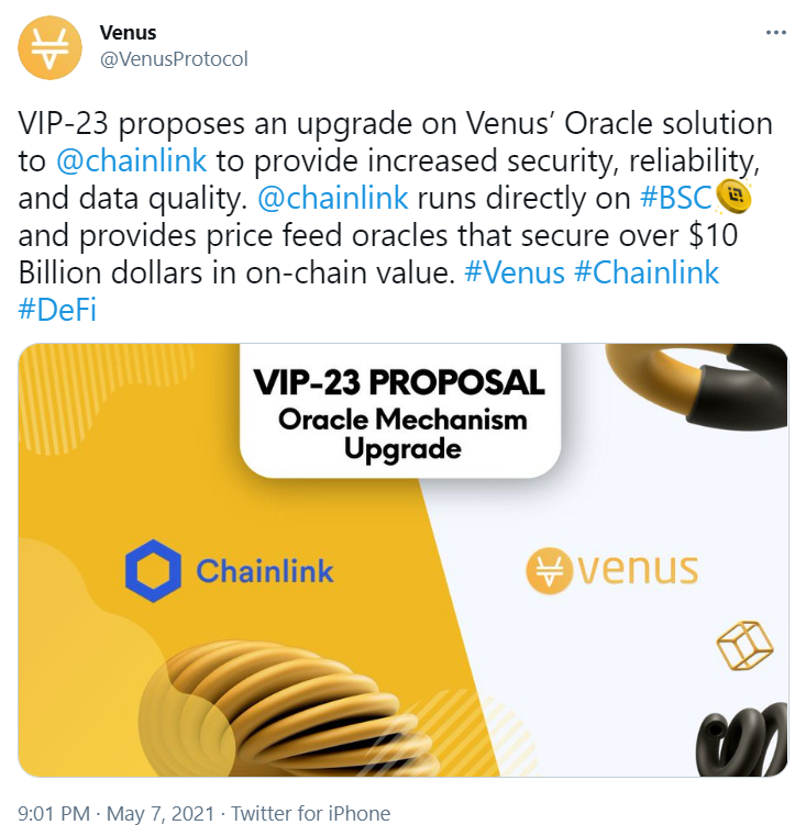BSC借贷平台Venus发布VIP-23，提议集成Chainlink预言机