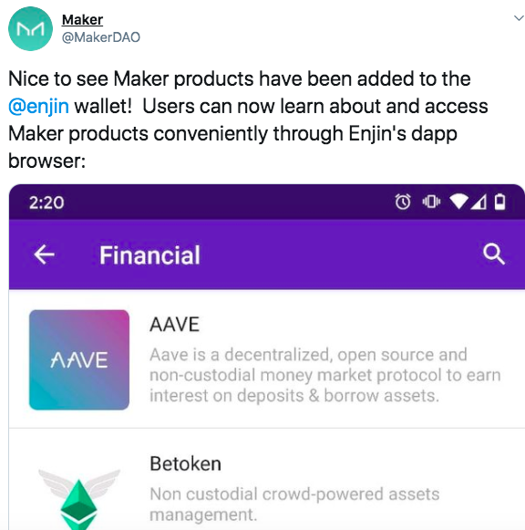加密货币钱包Enjin已添加对Maker产品的支持